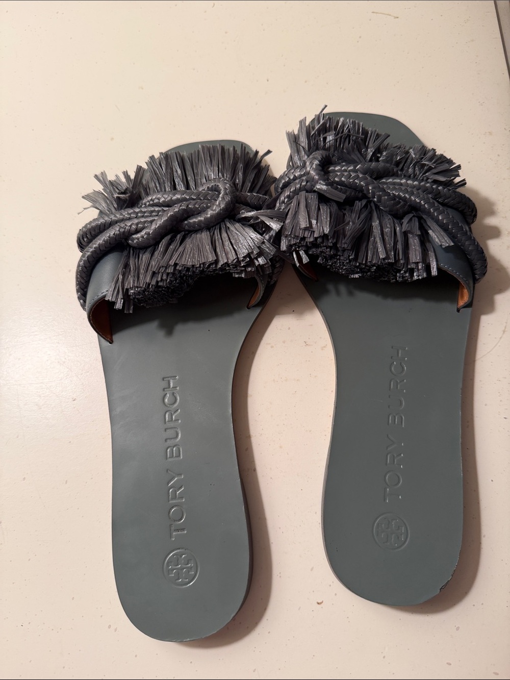 Tory Burch Charcoal Fringe Braided Slide Sandals